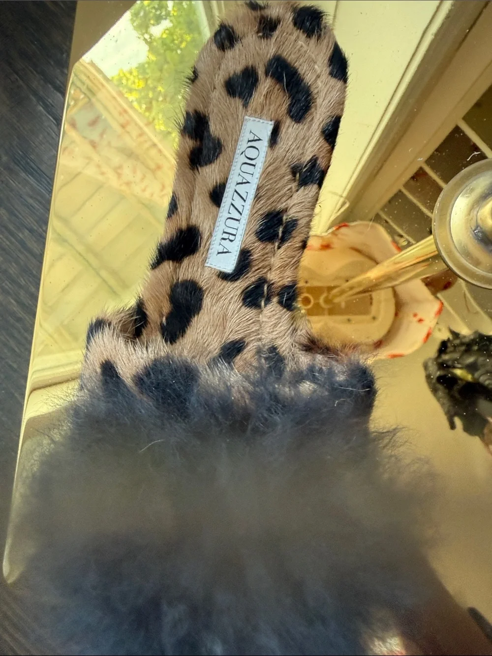 Aquazzura Leopard Print Fur Pom Slide Sandals in Black and Brown